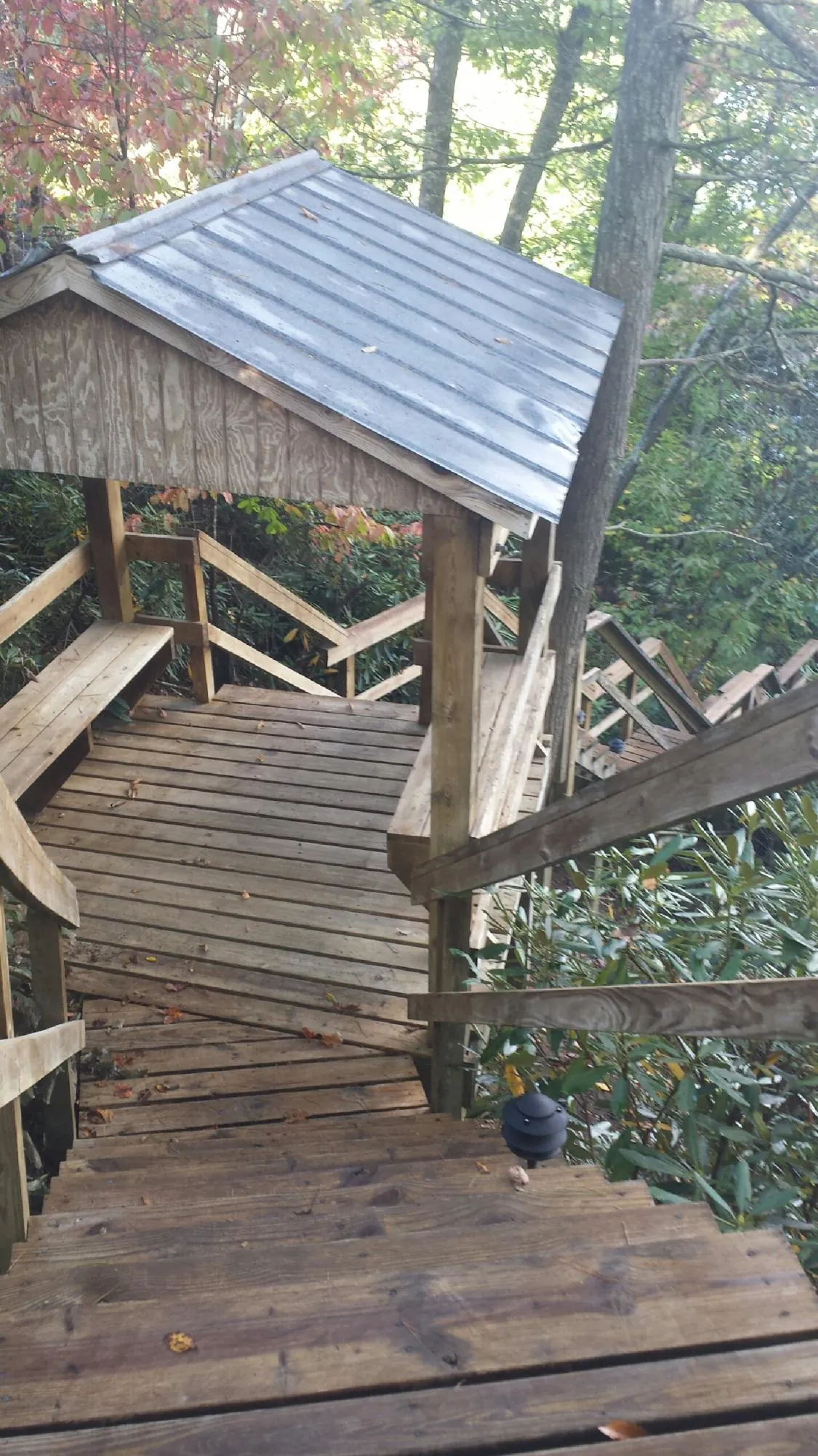 Metal roofed shelter over wooden steps on a wooded walkway — Skylight Repair & Installation work by our crew in Perrinton